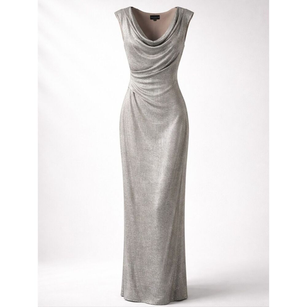 connected apparel Silver Metallic Cowl Neck Maxi Dress